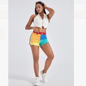 SHEIN Colourblock Denim Jean Shorts Multicolour Rainbow Frayed Raw Hem Medium